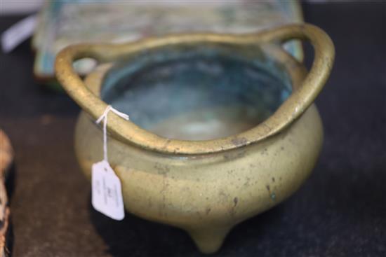 A large Chinese bronze tripod censer, Ding, Xuande four character seal mark, probably 18th / 19th century, W.25.5cm Diam. of rim 21.4cm